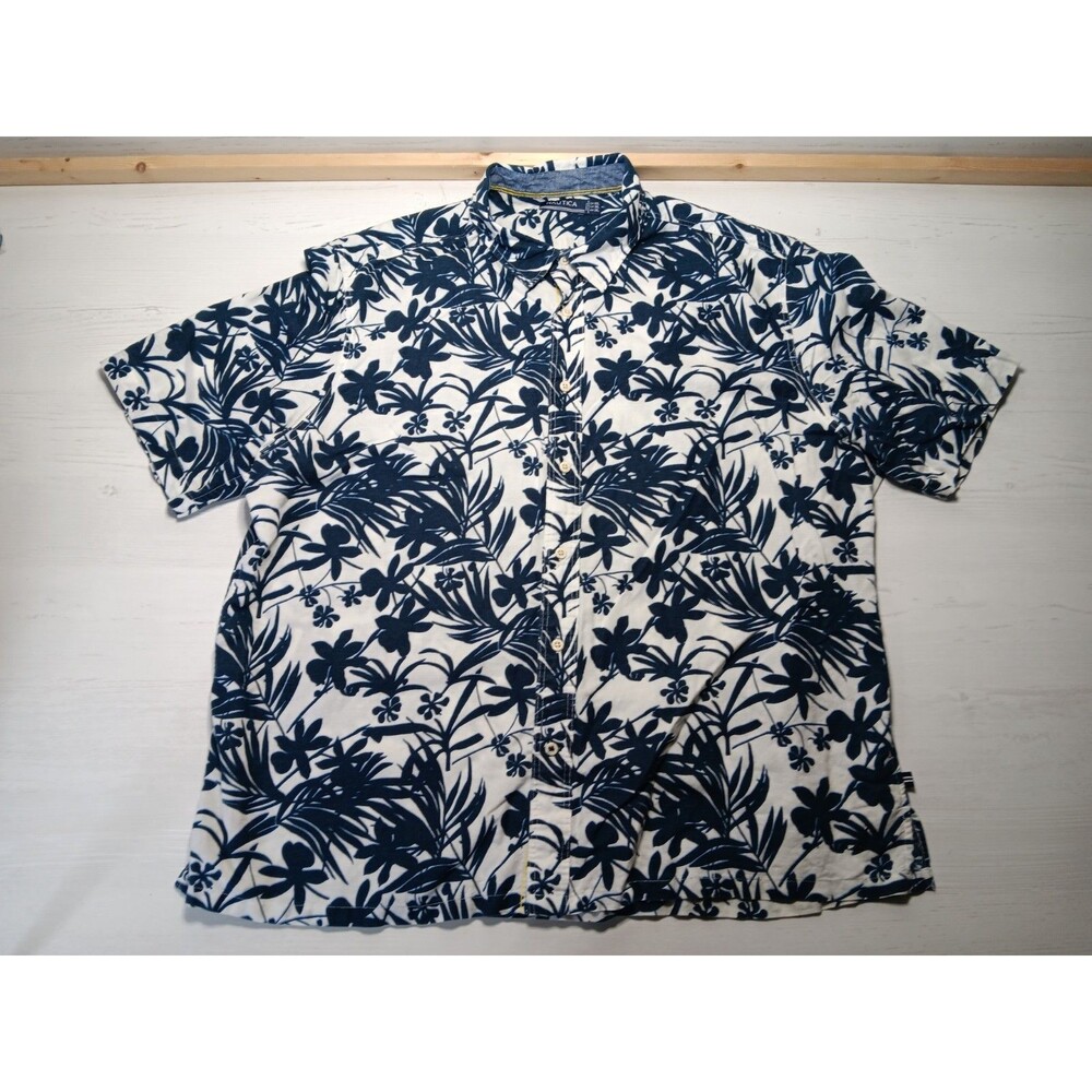 Nautica Blue Tropical  Palm & Flower Linen Blend Short Sleeve Button Shirt 2XL